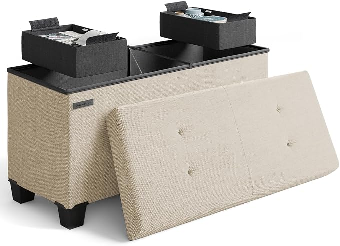 Storage Ottoman Bench with Bins, 30-in Storage Bench for Bedroom End of Bed, Folding Foot Rest Ottoman for Living Room Max 660lbs, Fabric Ottomans, Beige by STORAGEBUD