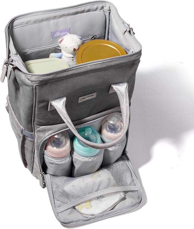 SUNVENO Velvet Stitching Diaper Bag Backpack Large Capacity Tote Shoulder Nappy Bag Organizer for Baby Care with Insulated Pockets,Waterproof Fabric, Grey - Image 6