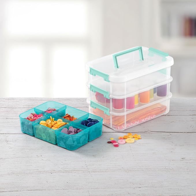 Sterilite 24 Pack Plastic Storage Box Container, 3 Layer, Stack and Carry, Clear/Blue - Image 9