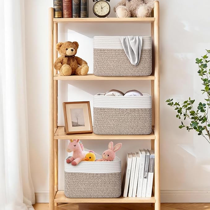 Storage Baskets for Organizing, 4 Pack Baskets for Shelves, Decorative Storage Bins for Shelves, Cotton Rope Storage Basket with Handles, Woven Basket for Storage, 13''Lx8.7''Wx7.9''H, White & Brown - Image 2