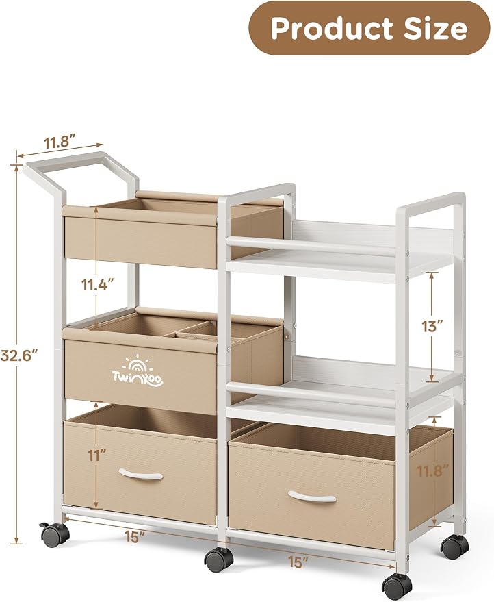Twinkoo Baby Diaper Caddy Organizer, 3 Tier Rolling Cart | Tiered Modular Configuration, 66 lbs Capacity, Rolling Wheels, Dipaer Bag, Nursery Newborn Essentials, Easy To Assemble - Image 8
