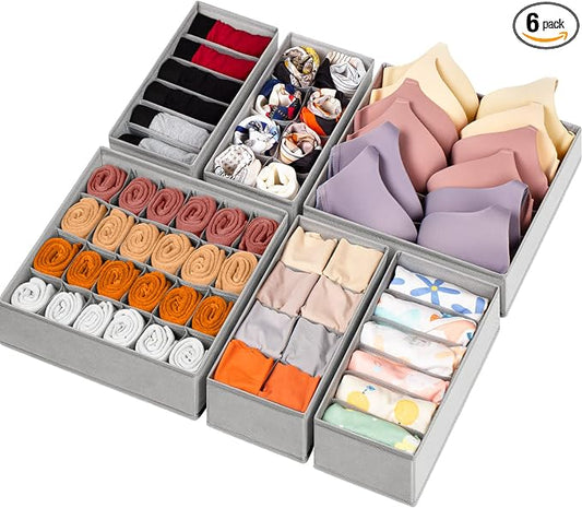 6 Pack Sock Underwear Drawer Organizer Dividers, 58 Cell Foldable Fabric Dresser Closet Organizers and Storage Bins for Clothing, Baby Clothes, Bra, Panty, Scarf, Ties (Grey) by Criusia