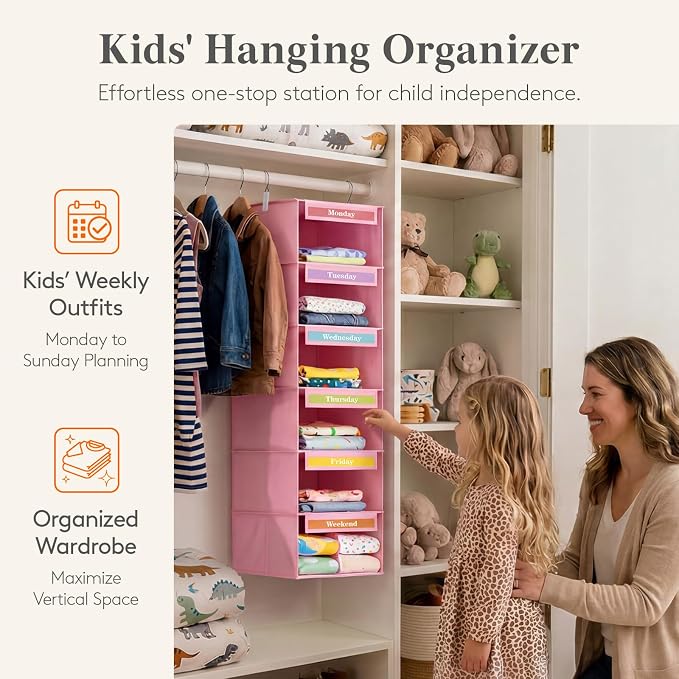 Lifewit 6 Shelf Weekly Hanging Clothes Storage Organizer for Kids, Pink | Closet Storage with Color Labels for School Outfits, Daily Clothing Divider with Days of The Week Monday to Friday Weekend - Image 7