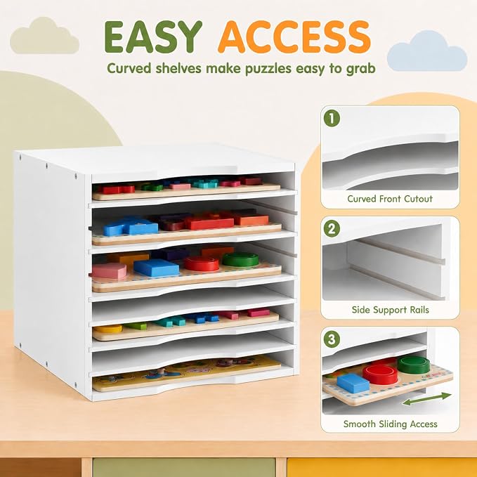 Ripeng 2 Pack 7-Tier Bamboo Puzzle Holder Rack, Adjustable Storage Organizer for Flat and Thick Jigsaw Puzzles, Space Saving Desktop Shelf, Gift for Craft Jigsaw Puzzle Lovers (White) - Image 7