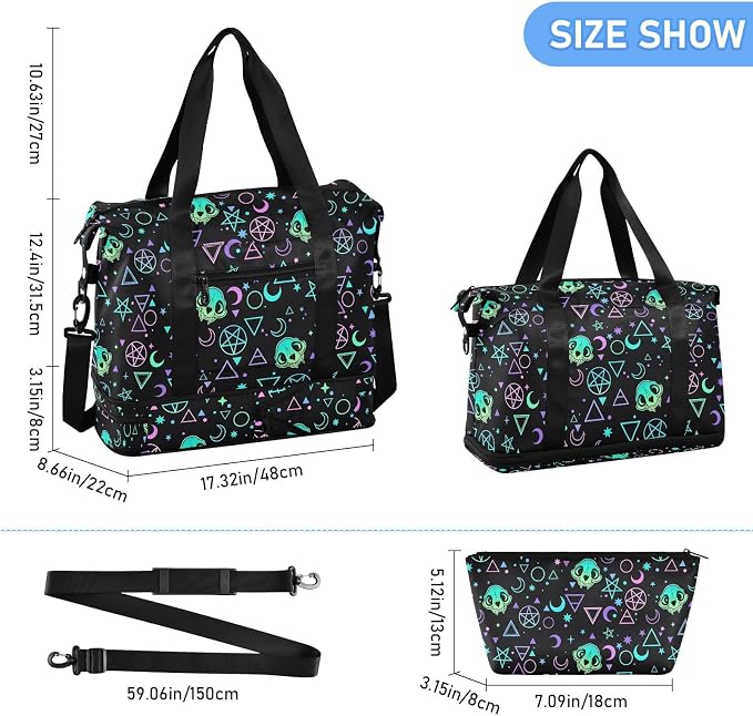 Travel Duffel Tote Bag Magic Skulls Sports Duffel Bag with Wet Pocket Weekender Overnight Bag for Women Men Gym Bag, Carry On Bag Hospital Bag for Labor and Delivery - Image 2
