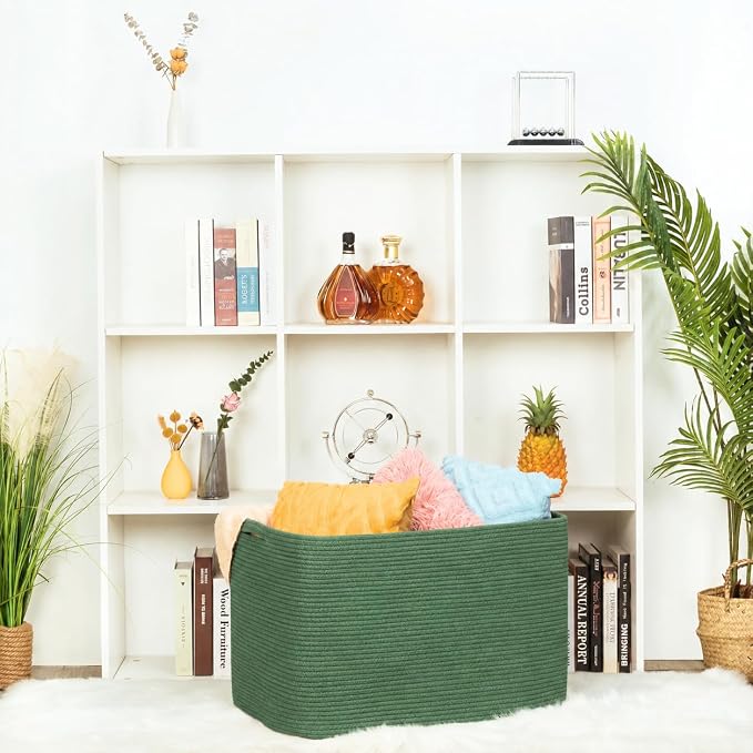 112L Extra Large Blanket Basket Holder Living Room, 25"x17"x16" Rectangle Rope Woven Storage Basket with Handles for Laundry, Towels, Shoes, Dog Toy Organizer Bin Box, Green - Image 6