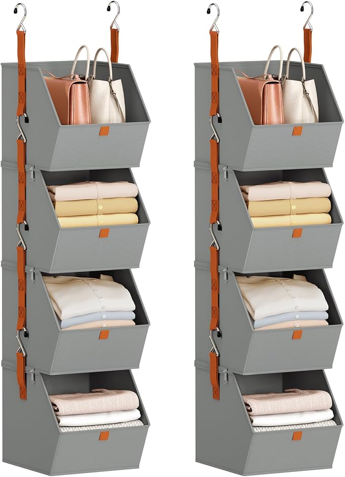 Hanging Closet Organizer 4 Tier - Clothes Hanging Shelves, Space-Saving Closet System, Fabric Storage Bins Bedroom Organization, Collapsible Baskets for Home, Dorm, Rv, Grey, 8 Pack by Homsorout
