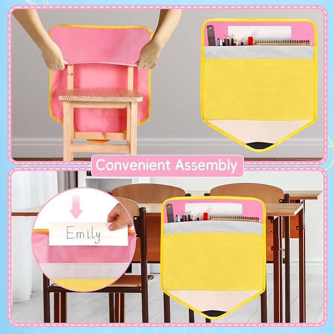 24Pcs Pencil Chair Pockets for Classroom Pencil Chair Back Buddy Pocket with Name Tags 17 x 20In Chairs Organizer 3 Pockets Seat Storage Pocket for Kids School Classroom Daycare Home Supplies - Image 5