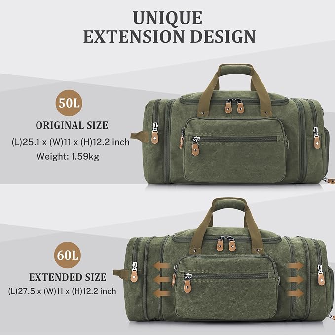 Gonex Canvas Duffle Bag, Expandable 60L Travel Overnight Weekender Bag | for Men, with Shoe Compartment, Multiple Pockets, Tear-Resistant, Durable Zippers, Detachable Strap, Army Green - Image 4