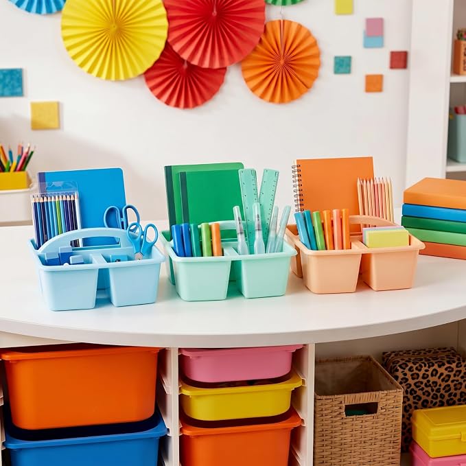 Kathfly 18 Pack Classroom Caddy Organizer with Handle, Plastic Art Craft Cleaning Caddy Bulk, Small Multipurpose Supply Organization Storage Basket for Table Desk Office Pencil Teacher (Morandi Color) - Image 4