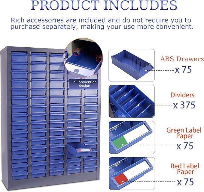 75-Drawer Parts Cabinet, Bolt Organizer with ABS Drawers & Dividers, Garage | Nut and Bolt Organizer for Workshop, 5 Dividers, 200 Label Stickers, Home and Office, Anti-slip stop, Flexible Classification - Image 6