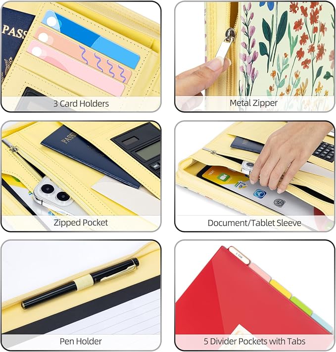 Ospelelf Leather Clipboard Binder with Storage - 3 Ring Zippered Padfolio Portfolio Folder - Calculator, 12.1” Tablet Sleeve, 5 Dividers with Pocket, Refillable Notepad, Card Slot (Floral) - Image 4