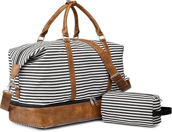 S-ZONE Weekender Bags for Women and Men Travel Duffel Bags with Shoe Compartment Overnight Carry on Duffle Tote Bag | Soft Canvas and Leather Trim, with Toiletries Bag,Carry-on Size,Trolley Sleeve,Adjustable Shoulder Strap,Shoe Compartment by S-ZONE