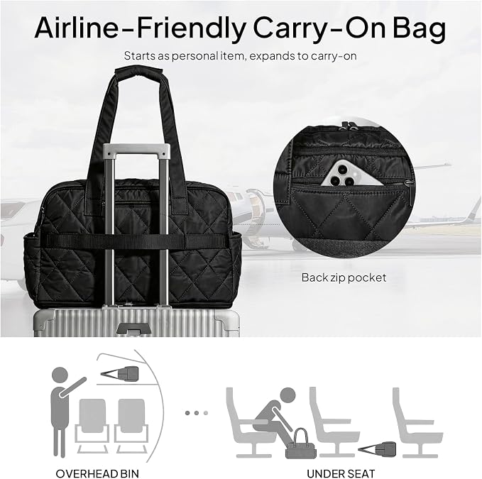 TOPEAST Duffel Bag for Women Travel, Expandable Quilted Weekender Overnight Duffle Bag with Adjustable Strap, Lightweight 33L Personal Item Bag Hospital Bags for Labor and Delivery, Black - Image 6