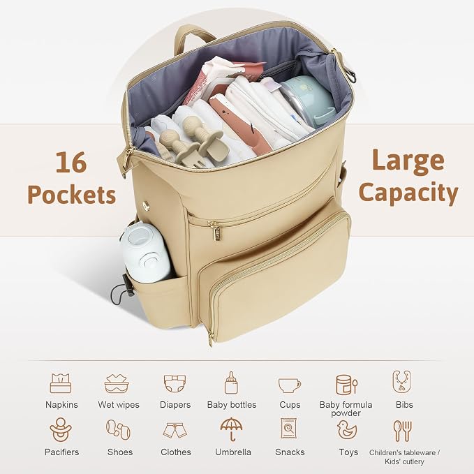 Lekesky Large Diaper Backpack with 16 Pockets, 1.52Lb Lightweight Durable Baby Bag, with Foldable Changing Pad & Pacifier Case, Anti-theft Pocket, Wipes Pocket, Easy to Clean, Khaki - Image 2