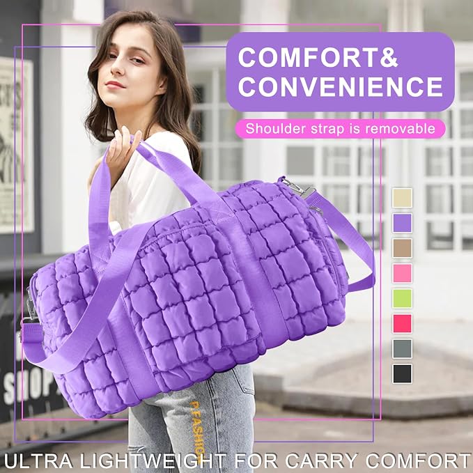 Quilted Travel Duffle Bag Gym Bag for Women,Large Puffer Duffle Weekender Bag with Compartment,Workout Overnight Carry on Organizer Bag Duffle Bag for Airplane Travel(Purple) - Image 7