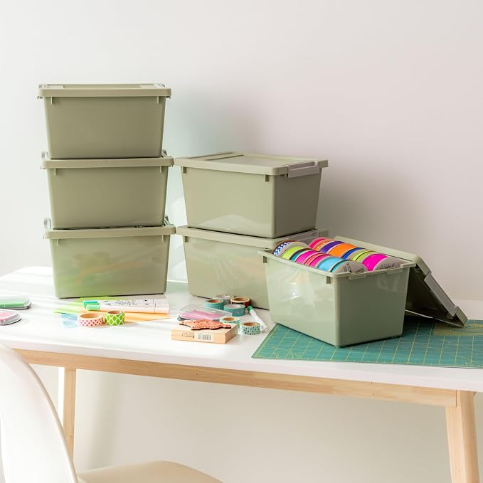 IRIS USA Storage Bins with Lids |Made in USA| 4 Qt - (6-Pack) - Sage Green | Sensory Craft Organizers, Plastic Clip Box Totes, Flat Containers for Organizing Paper, Office, Art & Study Supplies - Image 3