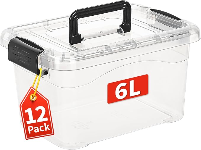 Cetomo 6Lx12 Pack Storage Boxes, Storage Box with Lids and Handle for Home Dorm Office Organization, Stackable Nesting Tote Container, Plastic, Clear, 6L-12 Pack by Cetomo