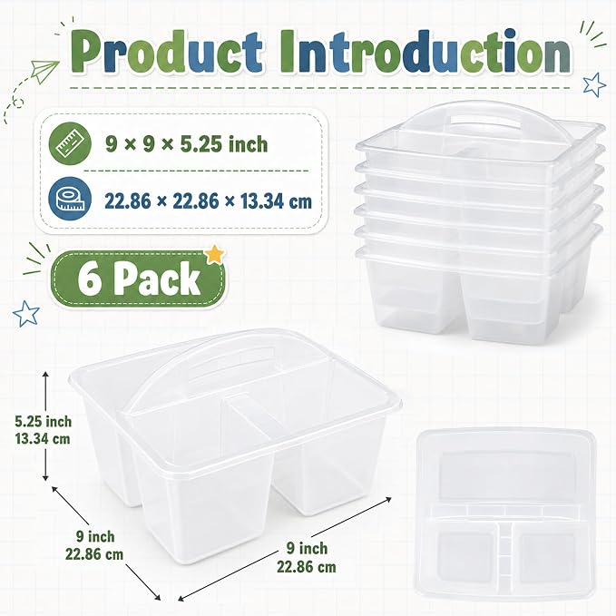 gisgfim 6 Pack Classroom Caddy with Handle Plastic Storage Caddy Organizer with 3 Compartments Desk Caddies Holder Portable Storage Bin for Pencil, Crayon, Marker, Home, Office, School Supply(Clear) - Image 2