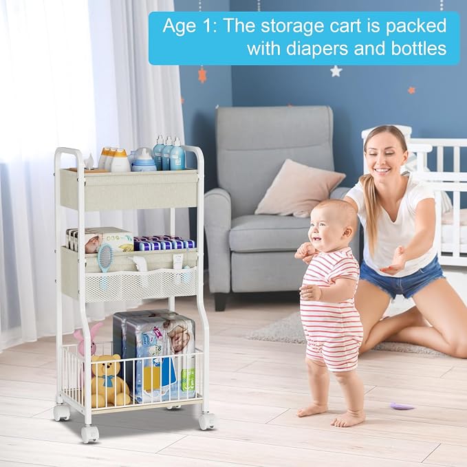 3-tier Baby Diaper Caddy Organizer and Storage Cart with 4+3 Dividers, Metal Utility Cart with Lockable Wheels for Nursery, Bedroom, Bathroom, White - Image 3