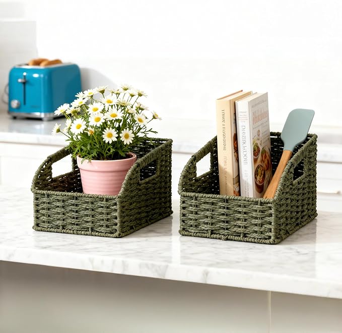 Pantry Organizers, Handwoven Large Wicker Baskets for Shelves, Labeled Storage Baskets for Organizing with Handles - Paper Storage Bins for Shelves, 3 Pack, Green - Image 7