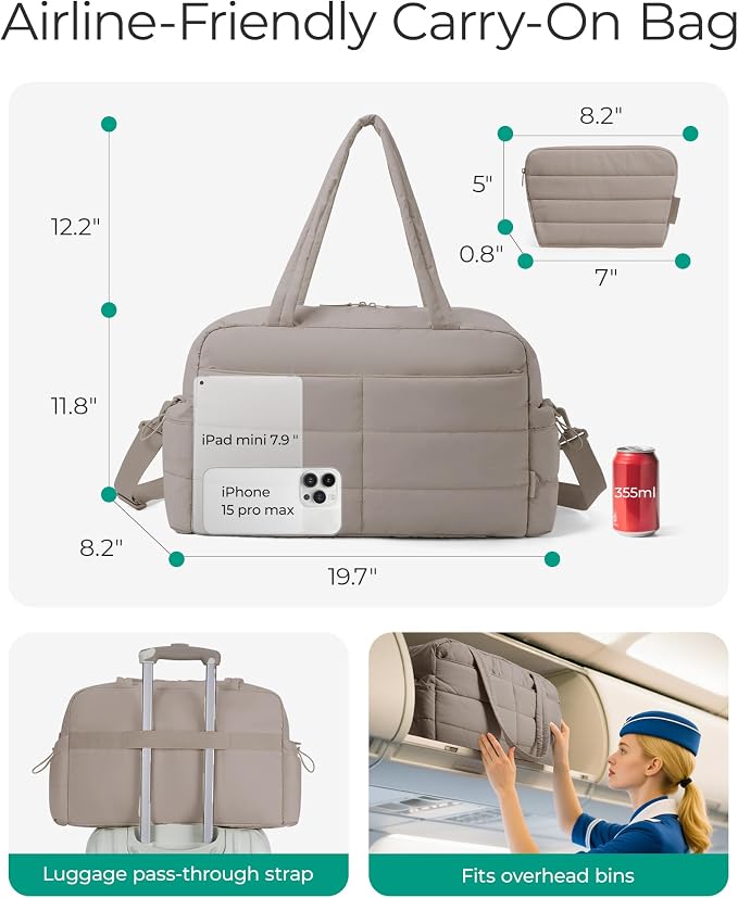 BAGSMART Gym Bag for Women with Toiletry Pouch, Lightweight Weekender Bags for Women with Wet Pocket, 31L Quilted Travel Duffle Carry On Bag, Weekender Overnight Bag for Travel,Water Resistant - Image 3