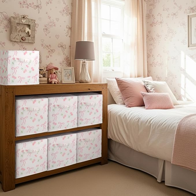 6 Pcs Pink Bow Cherry Cube Storage Bins 11 Inch Storage Basket with Handle, Preppy Girls Organizer Basket, Collapsible Fabric Box for Classroom Bedrooms Office Home Decoration Gift - Image 6
