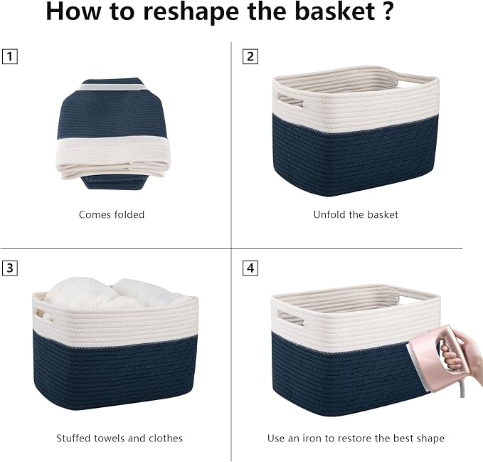 OIAHOMY 4 Pack Storage Basket, 13"x9"x7.8" Cotton Rope Baskets for Shelves, Closet Organizer for Bedroom & Living Room, Soft Decorative Bins for Organizing Towels, Books & Toys, Blue & White - Image 7