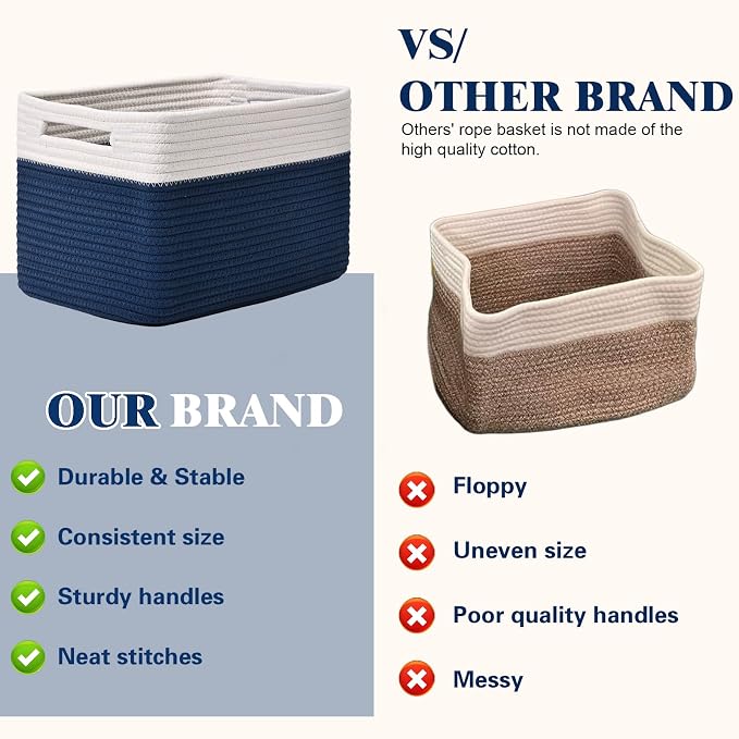 Storage Baskets for Organizing, 4 Pack Baskets for Shelves, Decorative Storage Bins for Shelves, Cotton Rope Storage Basket with Handles, Woven Basket for Storage, 13''Lx8.7''Wx7.9''H, White & Blue - Image 4