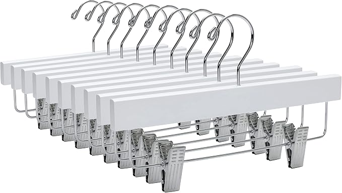 Quality 11 Inches Kids Wooden Pants Hangers 20 Pack - Skirt Hangers with Adjustable Metal Clips 360° Swivel Chrome Hook & Nonslip Notches- Ideal for Clothes Size 8 and Smaller (White, 20) by QualityHangers