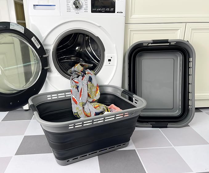 SAMMART 42L (11 Gallons) Collapsible Plastic Laundry Basket - Foldable Pop Up Storage Container/Organizer - Portable Washing Tub - Space Saving Hamper/Basket [BPA Free] (Grey/Black (Set of 2)) - Image 2