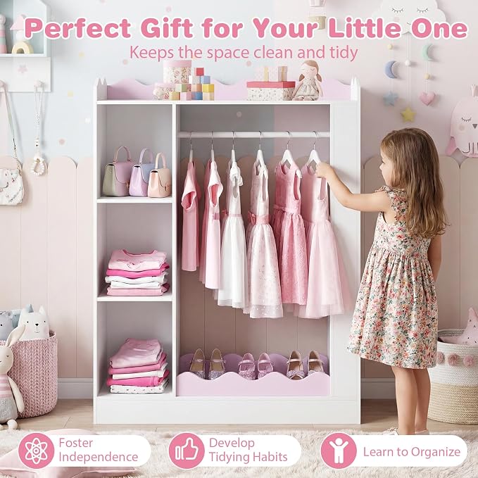 Costzon Kids Dress Up Storage with Mirror, Children Wardrobe Closet with Open Hanging Rack, Shelves and Cabinet, Kids Armoire Costume Organizer for Bedroom, Kids Room, Playroom, Preschool (White) - Image 7