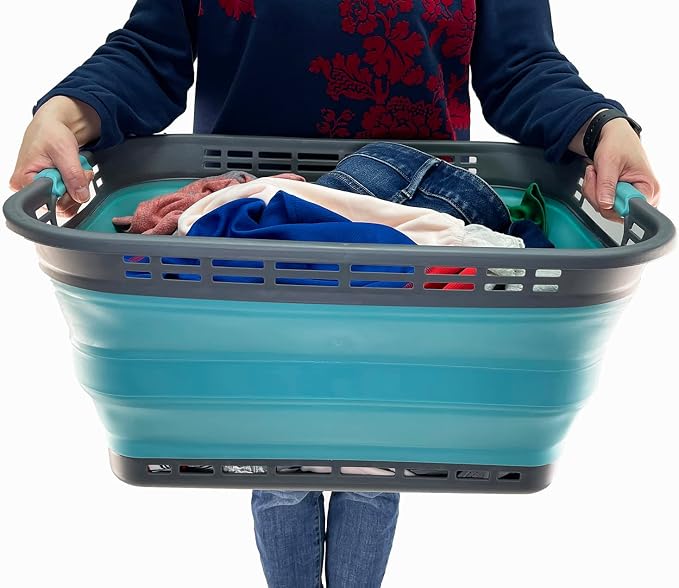 SAMMART 42L (11 Galloons) Collapsible Plastic Laundry Basket - Foldable Pop Up Storage Container/Organizer - Portable Washing Tub - Space Saving Hamper/Basket [BPA Free] (Grey/Crystal Blue) - Image 6