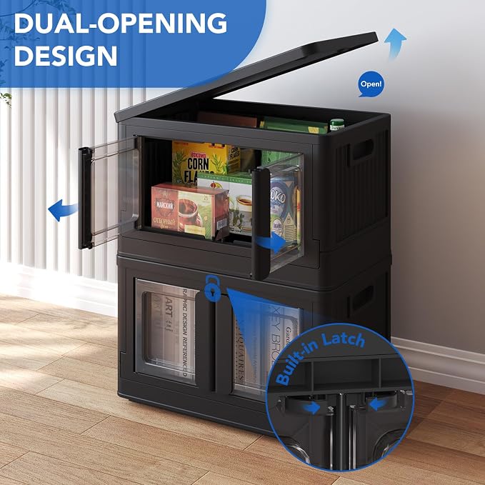 FLEXIMOUNTS 75 QT Stackable Plastic Storage Bins With Lids, Black | Collapsible Foldable Storage Bins with Front Doors and Built-in Wheels, Organizers and Storage for Home, Dorm, 2 Pack Cubes - Image 6