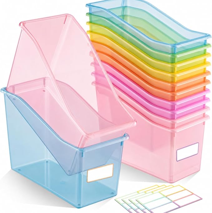 Geetery 12 Pcs Book Bin for Classroom with Labels Stackable Plastic Organizing Bins 11.5 x 5.4 x 7.5 in Book Holders Storage Bins Box Baskets for Classroom Library Home (Translucent Pastel) by Geetery