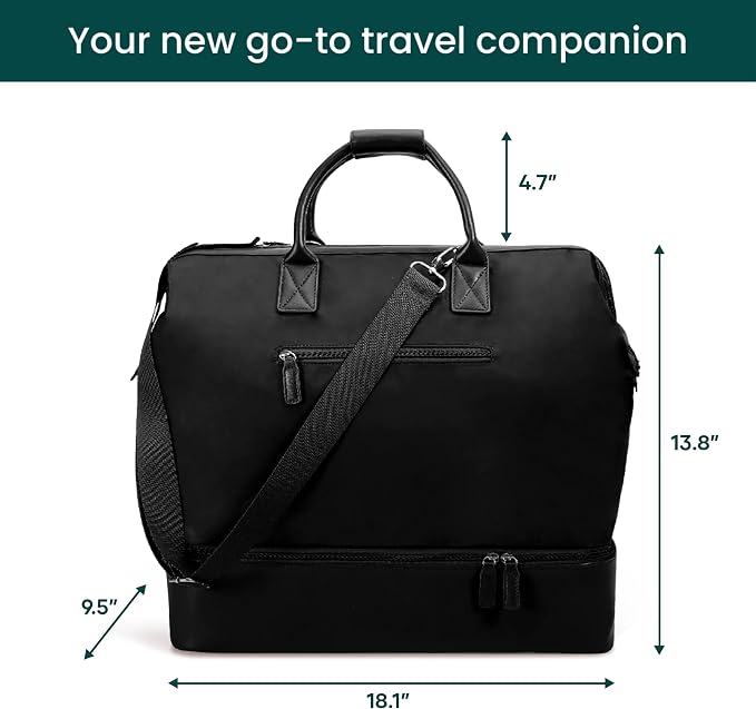 Nobl Travel Weekender Bag for Women & Men, Large Carry-On Duffel, Jet Black | Leather Overnight Tote with Trolley Sleeve, Separate Shoe Compartment & Laptop Pocket for Airplane, Gym & Road Trips - Image 4