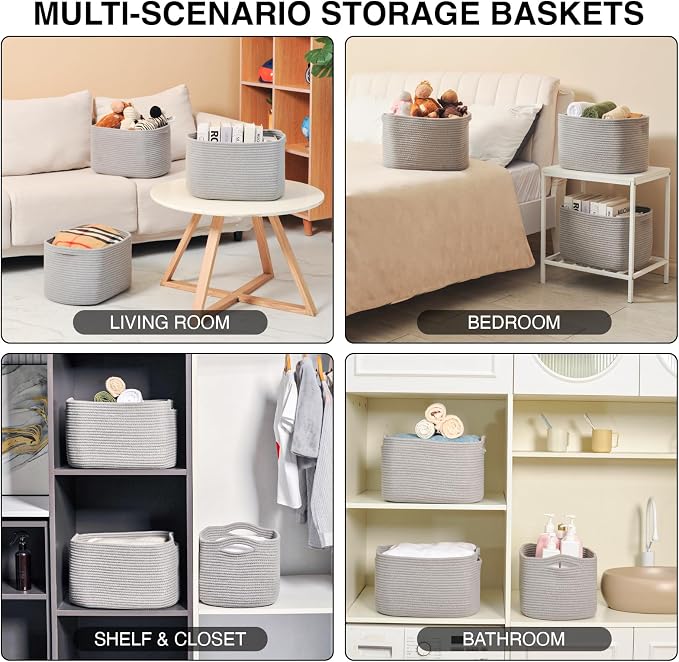 ICERZCZ Storage Baskets for Organizing Shelves, Woven Cotton Rope Bins for Baby Nursery Organization, Book Toy Towel Organizer, 15"x11"x9.5", 3 Packs, Grey - Image 5