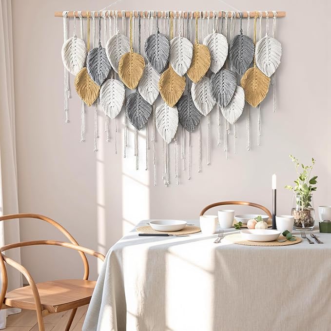 Large Macrame Wall Hanging Boho Woven Tapestry Chic Modern Home Decorations | KHOYIME Bohemian Farmhouse Handmade Leaf Feather Wall Art Decor for Living Room Bedroom Nursery Dorm Backdrop 39" W X 29.5" L - Image 6