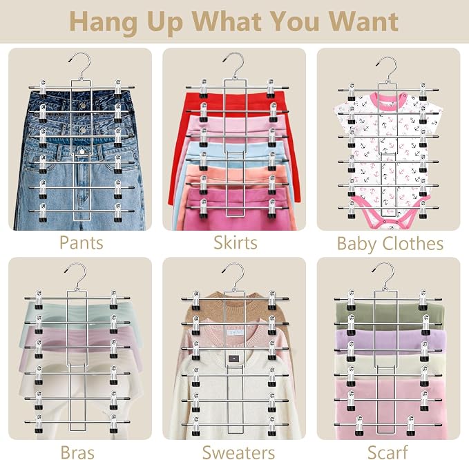 Pants Hangers with Clips,Space Saving Hanging Closet Organizer-6 Tiers Skirt Hangers with 360° Swivel Hook,Closet Organizer-Clothes Hangers - Image 4