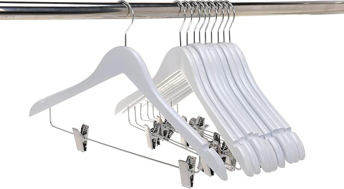Quality Wooden Skirt Hangers with Clips, 10-Pack Smooth Solid Wood Pants Hangers with Durable Adjustable Metal Clips, Swivel Hook, Coat, Jacket, Blouse Suit Hangers (White, 10) - Image 5