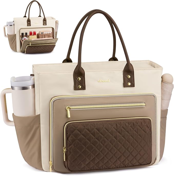 LOVEVOOK Tote Bag for Women, Teacher Tote for Work, Laptop Bag With Large Cup Holder, Nurse Bags Professional Briefcase Business Computer Purses Handbag,Khaki-Beige-Coffee by LOVEVOOK