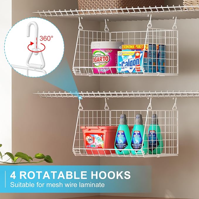 3-Tier Hanging Laundry Basket Organizer：Foldable Wire Shelf Laundry Room Organizer with 360°Rotating Hooks Small Space Solutions Closet Hanging Organizer - Laundry Organization, White Patent - Image 2