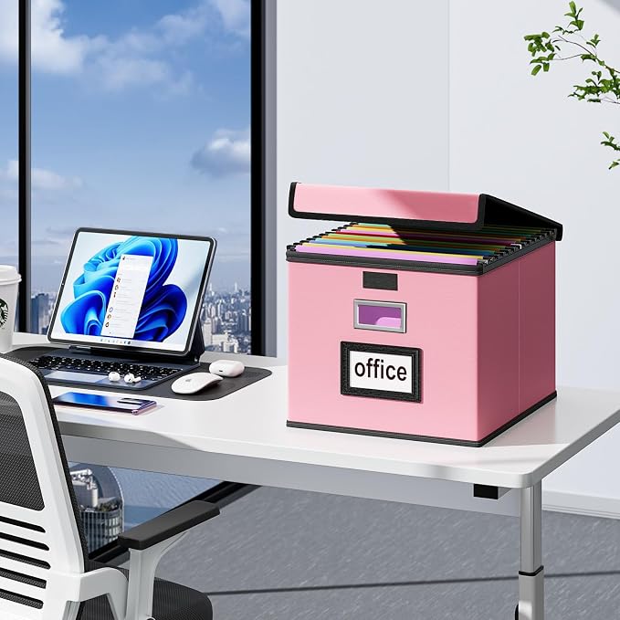 File Organizer Box with Lids, Collapsible File Folder Organizer | File Box with Plastic Slides for Document, Filing Bin for Letter Size Hanging File Folders (2 Pack, Pink, Leather) - Image 4