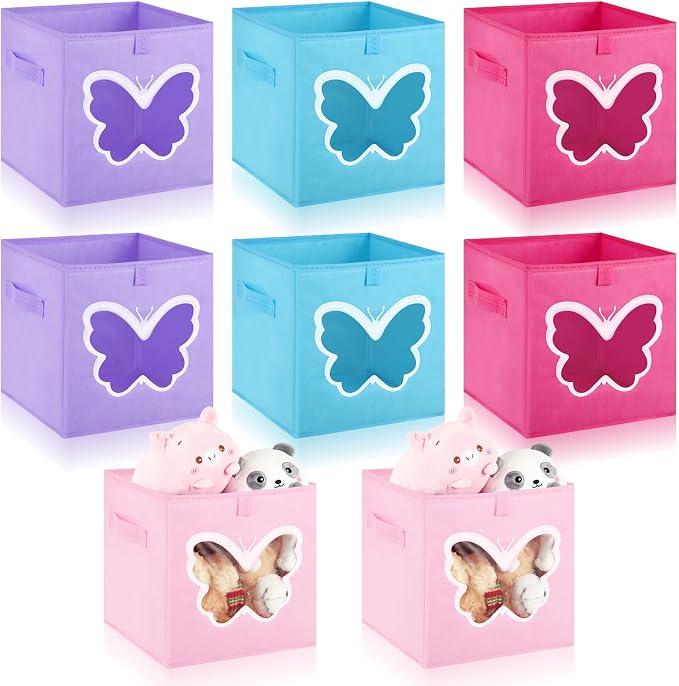 8 Pcs Cube Storage Bins 11 x 11 Inch, Foldable Fabric Storage Bin Organizer Cubes Toy Box with Clear Window for Closet, Home, Bedroom, Office(Butterfly,Elegant Color) by Kigley