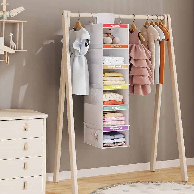 Fixwal Weekly Kids Clothes Organizer 2 Pack 6-Shelf Hanging Storage | Nonwoven Fabric, 6 Daily Shelves, 6 Mesh Side Pockets, 2 Metal Hooks, Foldable Design, for Kids Outfits and Accessories - Image 3