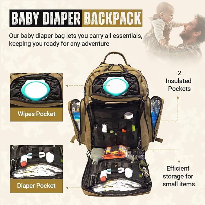 Diaper Bag Backpack with Diaper Changing Mat - Waterproof Military-Grade Baby Travel Bag - Spacious Design for Moms and Dads on the Go with Toddlers Baby Bag - Coyote Brown - Image 3