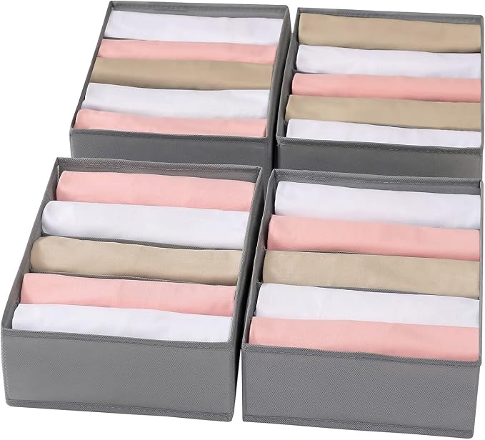 4 Packs T-shirt Drawer Organizers for Clothing,5 Grids Compartment Wardrobe Storage Box, Washable Clothes Organizer for Folded Clothes, T-shirt, Legging, Silk Scarve-Grey by Coorganisers