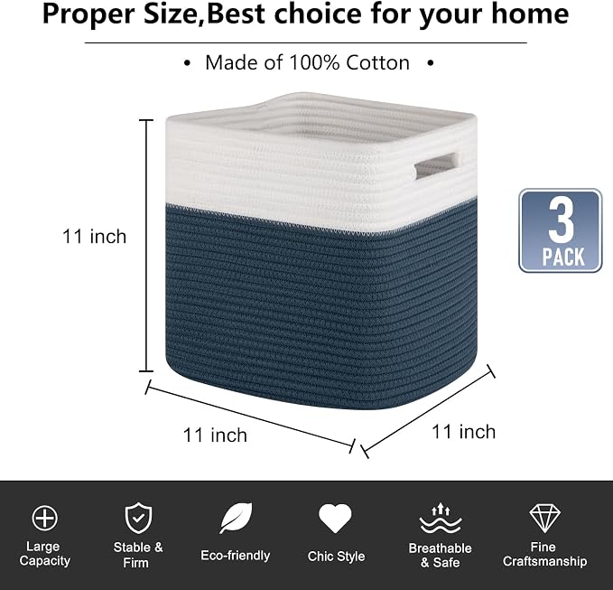 OIAHOMY Cube Storage Basket, 3-Pack Woven Cotton Rope Baskets for Storage, 11-Inch Cube Basket with Handles, Great for Shelves, Closets, Children's Toy Storage and Organization-White & Blue - Image 3