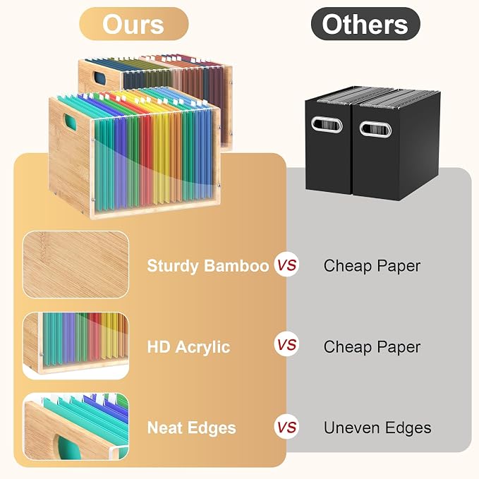 Sbanmao 3 Pack Hanging File Organizer, Acrylic File Box Organizer, Bamboo File Crate File Cabinet Storage Box, File Folder Organizer for Home Office Desk, Letter Size - Image 4