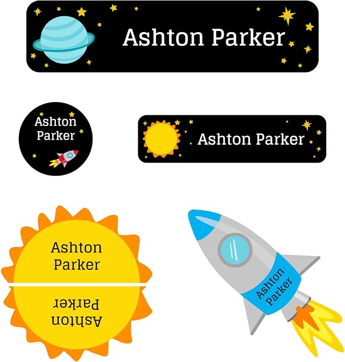 Name Bubbles - Custom Daycare Name Labels (99 Labels - 5 Sizes) Personalized Waterproof Name Stickers for Clothing Tags, Toys, Books, Water Bottles, Lunch Boxes, School, and Shoes (Space) by NameBubbles